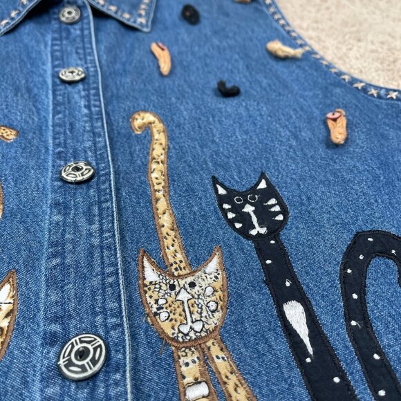 Life Style Vest Woman XL Denim Cat Lady Embroidered Appliqué Wacky Fun Funky Art - Picture 4 of 10